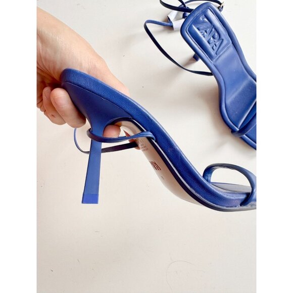 NWOT ZARA Blue Leather Square Toe Strappy High Heel Wraparound Sandals, Size 35 - Picture 4 of 15